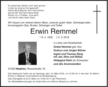 Traueranzeige von Erwin Remmel von Siegener Zeitung