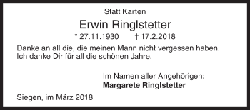Traueranzeige von Erwin Ringlstetter von Siegener Zeitung