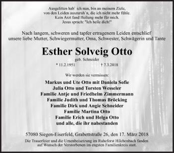Traueranzeige von Esther Solveig Otto von Siegener Zeitung