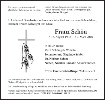 Traueranzeige von Franz Schön von Siegener Zeitung