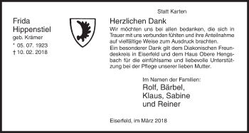 Traueranzeige von Frida Hippenstiel von Siegener Zeitung