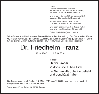 Traueranzeige von Friedhelm Franz von Siegener Zeitung