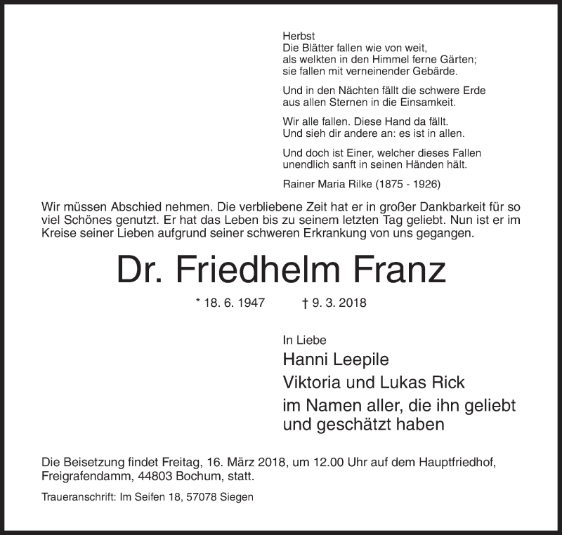  Traueranzeige für Friedhelm Franz vom 13.03.2018 aus Siegener Zeitung