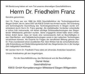 Traueranzeige von Friedhelm Franz von Siegener Zeitung