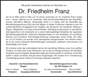 Traueranzeige von Friedhelm Franz von Siegener Zeitung