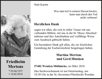 Traueranzeige von Friedhelm Mertens von Siegener Zeitung
