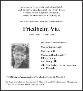Traueranzeige von Friedhelm Vitt von Siegener Zeitung