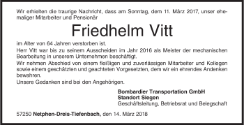 Traueranzeige von Friedhelm Vitt von Siegener Zeitung