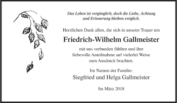 Traueranzeige von Friedrich-Wilhelm Gallmeister von Siegener Zeitung