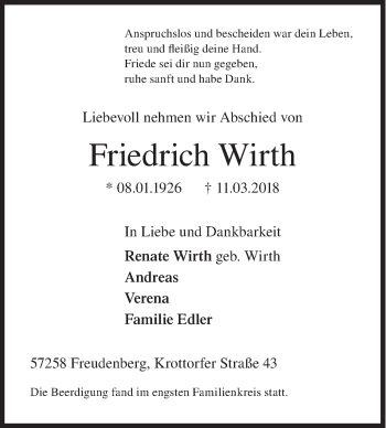 Traueranzeige von Friedrich Wirth von Siegener Zeitung