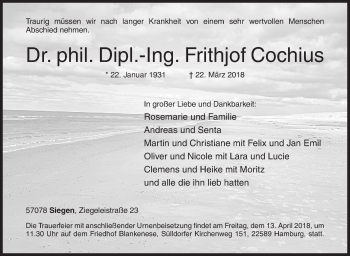 Traueranzeige von Frithjof Cochius von Siegener Zeitung