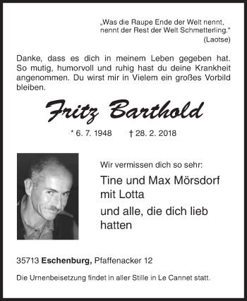 Traueranzeige von Fritz Barthold von Siegener Zeitung