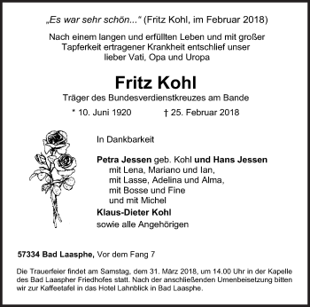 Traueranzeige von Fritz Kohl von Siegener Zeitung