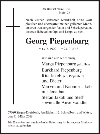 Traueranzeige von Georg Piepenburg von Siegener Zeitung