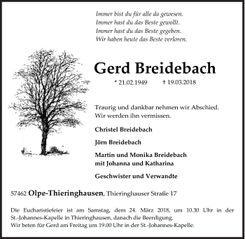 Traueranzeige von Gerd Breidebach von Siegener Zeitung
