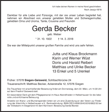 Traueranzeige von Gerda Becker von Siegener Zeitung