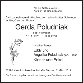 Traueranzeige von Gerda Poludniak von Siegener Zeitung