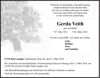 Traueranzeige von Gerda Veith von Siegener Zeitung