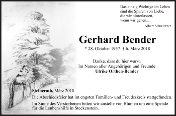 Traueranzeige von Gerhard Bender von Siegener Zeitung