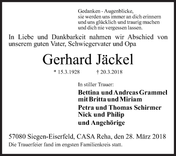 Traueranzeige von Gerhard Jäckel von Siegener Zeitung