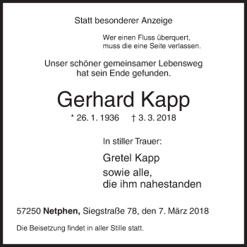 Traueranzeige von Gerhard Kapp von Siegener Zeitung