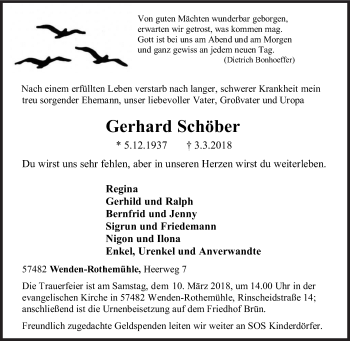 Traueranzeige von Gerhard Schöber von Siegener Zeitung
