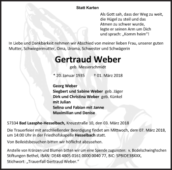 Traueranzeige von Gertraud Weber von Siegener Zeitung