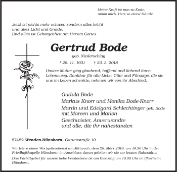 Traueranzeige von Gertrud Bode von Siegener Zeitung