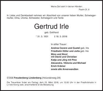 Traueranzeige von Gertrud Irle von Siegener Zeitung