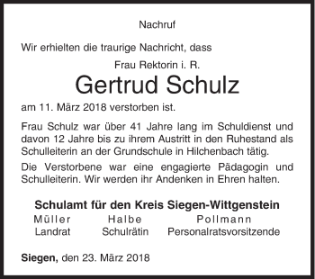 Traueranzeige von Gertrud Schulz von Siegener Zeitung