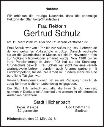 Traueranzeige von Gertrud Schulz von Siegener Zeitung