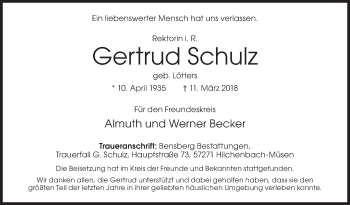 Traueranzeige von Gertrud Schulz von Siegener Zeitung