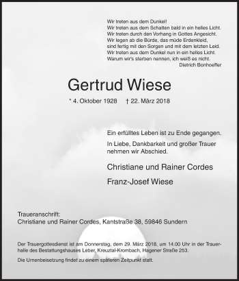 Traueranzeige von Gertrud Wiese von Siegener Zeitung