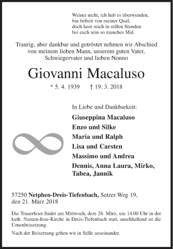 Traueranzeige von Giovanni Macaluso von Siegener Zeitung