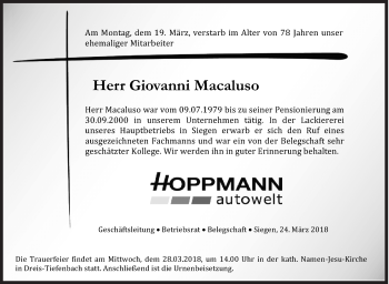Traueranzeige von Giovanni Macaluso von Siegener Zeitung