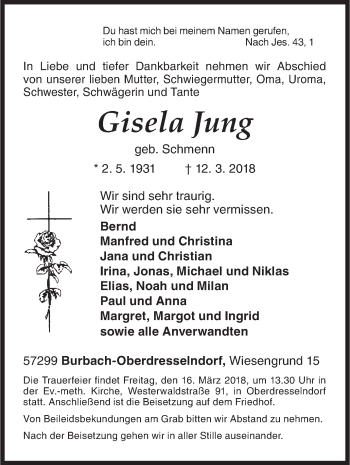 Traueranzeige von Gisela Jung von Siegener Zeitung