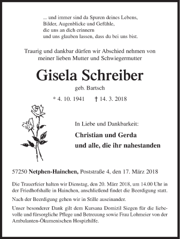 Traueranzeige von Gisela Schreiber von Siegener Zeitung