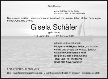 Traueranzeige von Gisela Schäfer von Siegener Zeitung