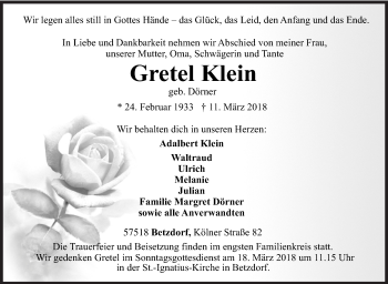 Traueranzeige von Gretel Klein von Siegener Zeitung