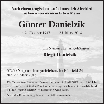 Traueranzeige von Günter Danielzik von Siegener Zeitung