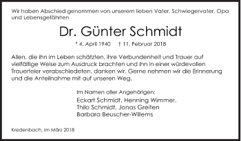 Traueranzeige von Günter Schmidt von Siegener Zeitung