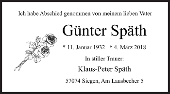 Traueranzeige von Günter Späth von Siegener Zeitung
