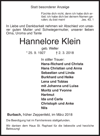 Traueranzeige von Hannelore Klein von Siegener Zeitung
