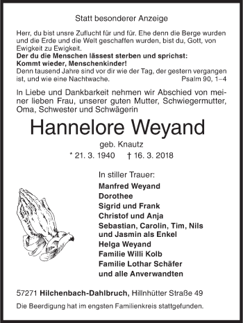 Traueranzeige von Hannelore Weyand von Siegener Zeitung