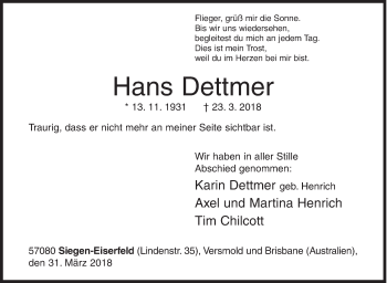 Traueranzeige von Hans Dettmer von Siegener Zeitung
