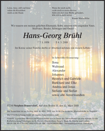 Traueranzeige von Hans Georg Brühl von Siegener Zeitung
