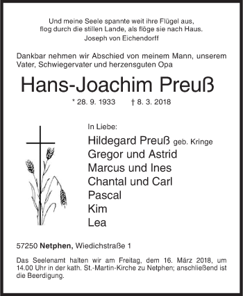 Traueranzeige von Hans-Joachim Preuß von Siegener Zeitung