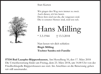 Traueranzeige von Hans Milling von Siegener Zeitung