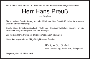 Traueranzeige von Hans Preuß von Siegener Zeitung