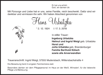 Traueranzeige von Hans Urbatzka von Siegener Zeitung